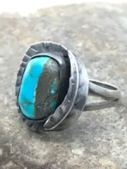 Native American Blue Turquoise Navajo Sterling Silver Ring Sz 7.5 4457