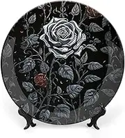 Gothic Rose Decorative Plates, Ceramic Decorative Plates for Display, Boho Style Dinner Plate with Display Stand, China Plate for Home Decor, 8