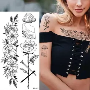 素描花朵紋身貼 素描紋身貼紙 玫瑰花朵黑白花朵10到18嵗仿真刺青 半永久紋身貼 防水持久不反光刺青貼紙