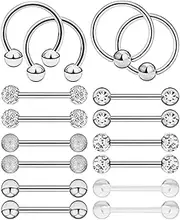 [Ormromra] 16PCS Silver Tongue Bar Piercing, Stainless Steel Tongue Bars, Cubic Zirconia Tongue Rings, Vertical Labret Piercing For Women, 16MM Nipple Rings, Lip Bar Barbell Piercing Jewelry, 1.6mm