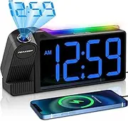 Peakeep Projection Alarm Clock for Bedroom Ceiling 180° Rotatable, Loud for Heavy Sleepers, Colorful Nightlight, 5 Brightness Dimmable Large Number Bedside Electric LED Digital Clock with USB Port