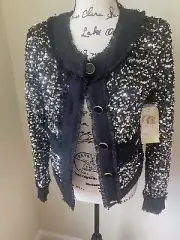 By Anthropologie Black Silver Sequin Lined Button Fringe Short Jacket NWT XS