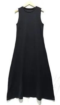 在飛比找Yahoo!奇摩拍賣優惠-韓款 時尚黑連衣裙 羅紋彈性針織連身裙 黑長洋  背心長裙 