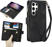 GoshukunTech for Samsung Galaxy S23 Ultra Wallet Case with 9 Card Holders,for Galaxy S23 Ultra 5G Case Zipper Coin Pocket PU Leather Flip Cover Kickstand Protective Phone Purse with Wrist Strap-Black