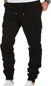 [Generic] Mens Drawstring Cargo Jogger Pants Regular Slim Fit Stretch Work Pants Skinny Flap Pockets Multi Jogging Outdoor Pant