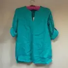 Lauren Ralph Lauren Split Neck Linen Roll Tab Sleeve Top Size Small Teal New