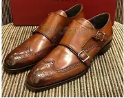 Handmade Men's Leather Dress Tan color double monk formal Monk straps Shoes-485