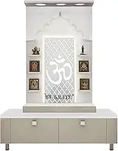 Deckrate Wooden Temple White LED Light for Home and Office | Home Temple | Puja Mandir | Table Top Home Mandir, Temple with long table(DESIGN 46) (42 X 36 X 16 INCH)