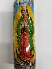 OUR LADY OF GUADALUPE UNSCENTED WHITE PILLAR CANDLE IN GLASS (VIR. DE GUADALUPE)
