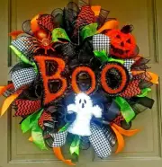 Halloween Boo Wreath Front Door Decoration Large 24" Handmade Black Deco Mesh