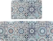 Jabogrii Anti Fatigue Kitchen Mat Set of 2 Blue Cushioned Kitchen Rugs Comfort Floor Mat PVC Waterproof Non Slip Kitchen Carpet Rug Runner for Sink Laundry 17"x48"+17"x28"