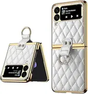 Case for Samsung Galaxy Z Flip5 Flip4 Z Flip3 Plain Leather Folding Phone Case with Ring Stand All-Inclusive Protective Cover,White,for Samsung Z Flip5
