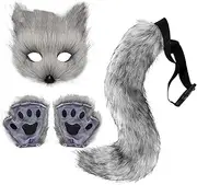 CLSSLVVBN Realistic Halloween Costume Set with Plush Gloves and Tail Prop Suitable for Halloween and Various Holiday Parties, Grey