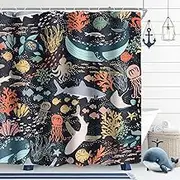 Riyidecor Kids Sea Animal Shower Curtain for Bathroom Decor 60Wx72H Funny Cartoon Fish Fun Underwater Blue Ocean Nature Shark Turtle Whale Art Printed Fabric Polyester Waterproof 12 Pack Plastic Hooks