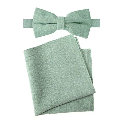 Men's Linen Blend Bow Tie and Pocket Square Handkerchief Hanky One Size Sage