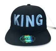 “King” Flat Bill Snap Back Ball Cap Black Hat Light Blue Lettering Adjustable