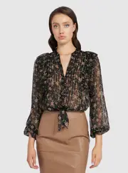 GUESS Black Dionne Tie Front Top Size: XS, Polyester