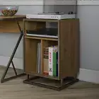 Turntable Stand Walnut Light Brown Wood Metal Frame Open Cubbies Storage Space