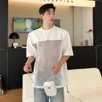 在飛比找蝦皮購物優惠-鏤空短袖T恤韓國原創設計師款PU皮拼接網紗透明短袖男女性感透