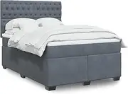 Queen Bed with Mattress, Velvet Dark Grey Box Spring Bedframe, Adjustable Headboard, Comfort Foam - Bedroom Furniture