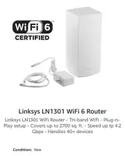 New Linksys WiFi 6 Router LN1301 / MX4300 Tri-Band 2700 sq.ft.