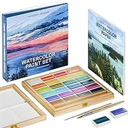 Artistro x HANNAH M.P Limited Edition Watercolour Paint Set, 24 Colours in Bamboo Wooden Box (6ml XL Pans) - 2 Brushes, Watercolour Paper, Mixing Tray - Travel Watercolour Set for Beginners and