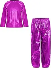 [Jugaoge] Kids Boys Girls Jazz Hip Hop Street Dance Clothes Shiny Metallic Long Sleeve T-Shirt with Harem Pants Set Dancewear