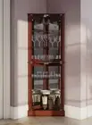 Walnut Brown Lighted Glass 3-Sided Corner Display Curio Cabinet Furniture Home