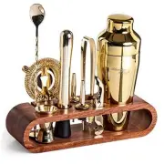 Mixology Bartender Kit: 10-Piece Bar Set Cocktail Shaker Mahogany Stand Gold