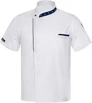 [TiaoBug] Men's Star Embroidered Snaps Front Short Sleeve Chef Coat Kitchen Uniform Chef Jacket
