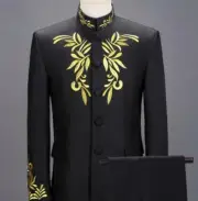 Mens 2Pcs Chinese Style Suits Stand Collar Printing Floral Casual Stage Show New