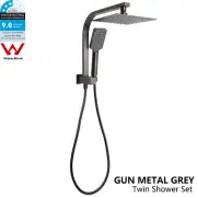 Twin Gun Metal Grey 8" Square Rainfall Shower Head Wall Arm Set 3-mode Handheld