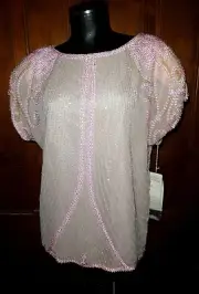 NWT Vtg OLEG CASSINI Pink SEQUIN Embroidered SILK Evening Party Top Blouse L