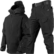 [aromm] Men's Tactical Jacket and Pants 2pcs Soft Shell Hooded Suits for Outdoor Fishing Hiking Camping