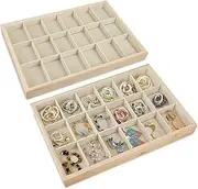 MOOCA 2 Pcs Set Bamboo Jewelry Display Tray Organizer with 18 Compartments for Bracelets, Rings, Earrings, Geige Watches, Oak Color,14" W x 9.6" D x 1.2" H