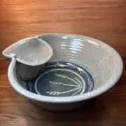 Studio Pottery Chip & Dip Bowl Primitive Rustic Chic Beige Blue 9.5” X 3.5”