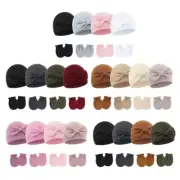 Bowknot Bonnet Soft Breathable Baby Fetal Hat Brimless Hospital Caps with Mitts