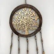 Golden Tree Of Life Metal Hanging Wall Art Wooden Beads Sculpture Home Garden