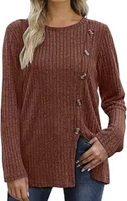 [VREWARE] Womens Long Sleeve Tops Lightweight Button Front Slit Tunic Women Banded Collar Shirt