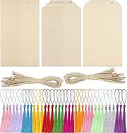 180Pcs Wood Blank Bookmarks Set, BetterJonny 72Pc Craft Bookmark with 36Pc Tassels and 72Pc Ropes 3 Shapes DIY Wood Book Marker Tags for Craft Wedding Birthday Party Decor Present