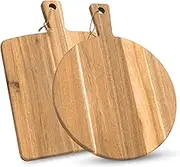 KOLWOVEN Acacia Wood Cutting Board 2 Pack with Handle, Wooden Charcuterie Board Large Paddle Carving Chopping Board Set, Serving Tray for Cheese Meat Fruit Pizza Bread Baking