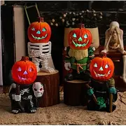 Halloween LED Light Pumpkin Knight Resin Figurine, Glowing Pumpkin Head Ghost Tabletop Decoration, Spooky Yard Decor