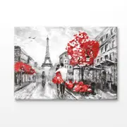 B&W Eiffel Tower, Red Trees & Couple Print 100% Australian Made 150x100cm (Stretched Canvas)