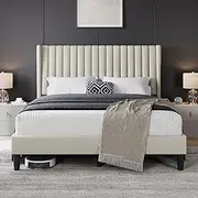 Yaheetech Queen Bed Frame Upholstered Platform Bed with Fabric Headboard, Wing Edge Design/Non-Slip and Noise-Free/Wooden Slats Support/No Box Spring Needed/Easy Assembly, Beige Queen Bed