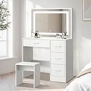 Oikiture Dressing Table with Mirror and Stool LED Makeup Mirror for Home Bedroom 3 Model Adjustable Vanity Table Set White
