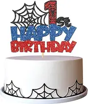 Spider Happy 1st Birthday Cake Topper - Cartoon Movie 1st Birthday Cake Supplies - Cheers to One Year Old Party Decorations - Black Blue Red Glitter