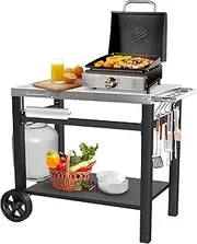 [GRILL FORCE] Outdoor Table Cart - Movable Dining, Pizza Oven Stand, Double-Shelf Stand, Food Prep and Work Table With Wheels - Fits Blackstone Ninja Ooni
