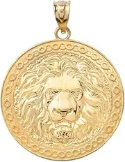 [Claddagh Gold] Certified 14k Gold Lion Head Medallion Round Pendant Charm Necklace, Yellow Gold