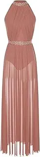 [Sinleey] Women Rhinestone Long Lyrical Dance Costume Side Split Mesh Tulle Flowy Maxi Dress Ballet Dance Dress
