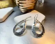 Genuine 925 Sterling Silver Beaten Finished Tear Drop Shaped Dangle Earrings